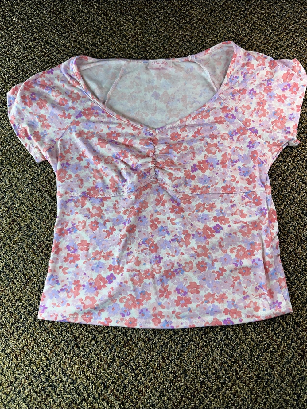Pink Lily Pink Floral Ruched Short Sleeve Top